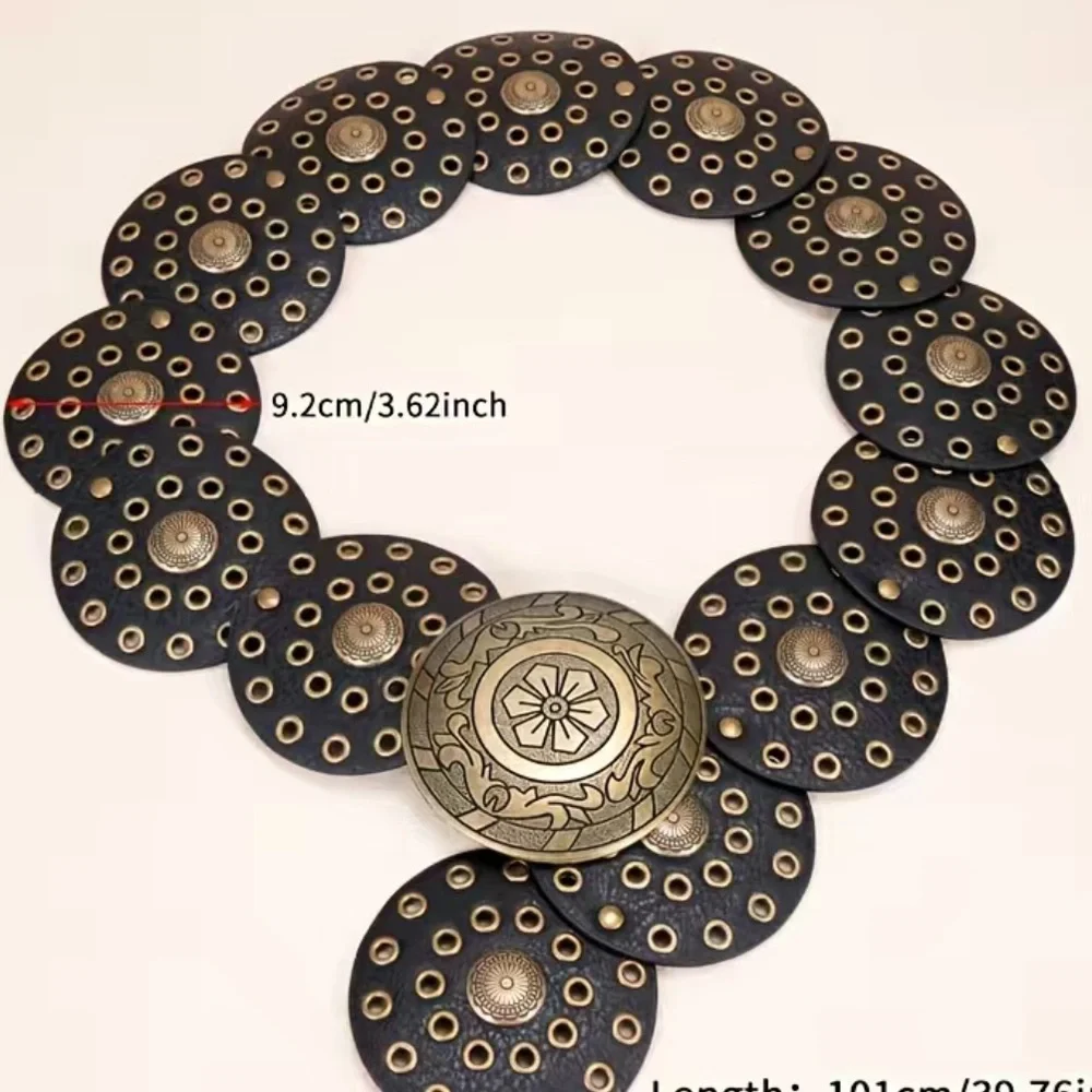 Round Boho Western BELT Medallion Dark Brown or Black Concho Disc PU Leather - Picture 4 of 10